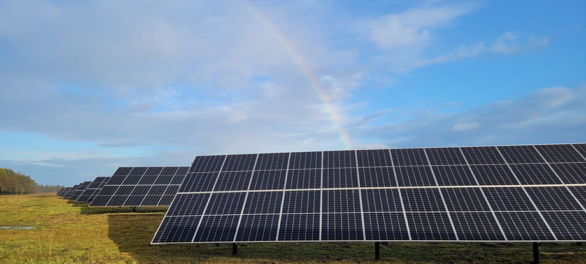 A rainbow over a field with solar panels.